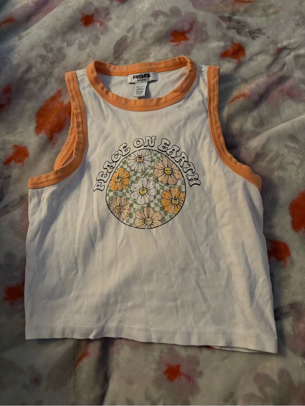 RSQ White Tank with Peach Trim and Floral Peace Graphic